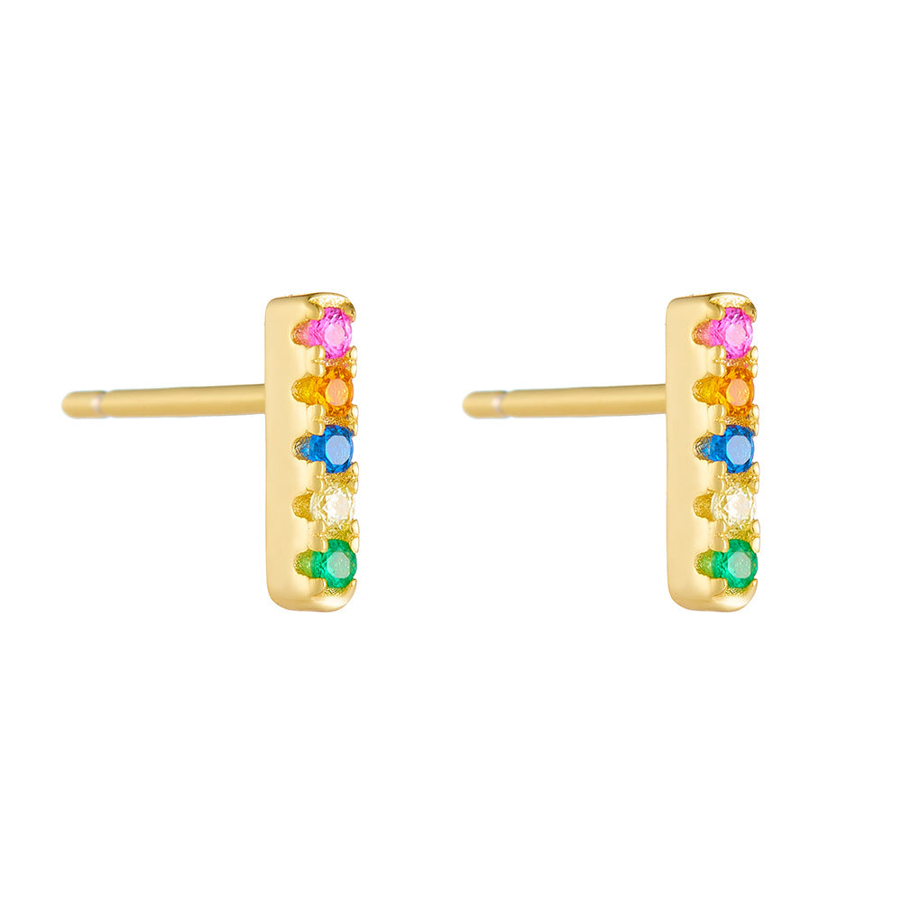 S925 pure silver one-piece micro inlaid colorful zircon versatile square earrings