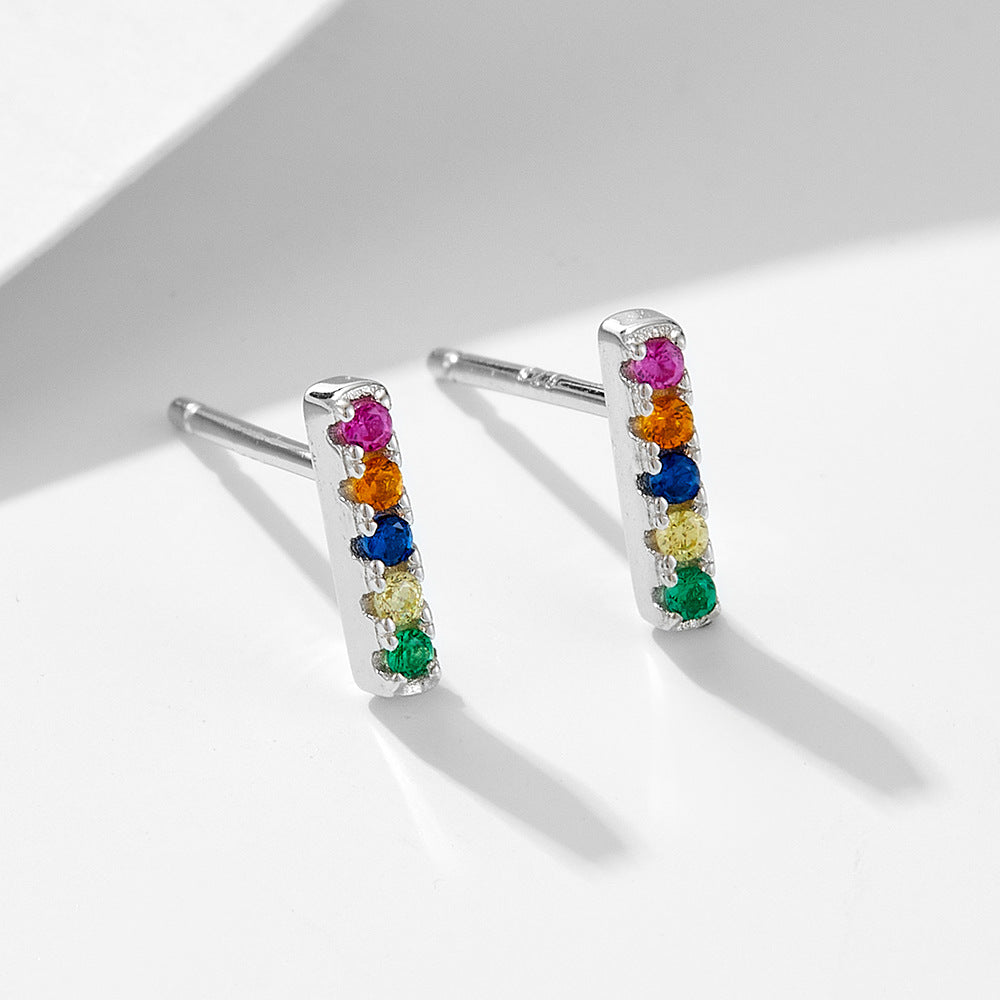 S925 pure silver one-piece micro inlaid colorful zircon versatile square earrings