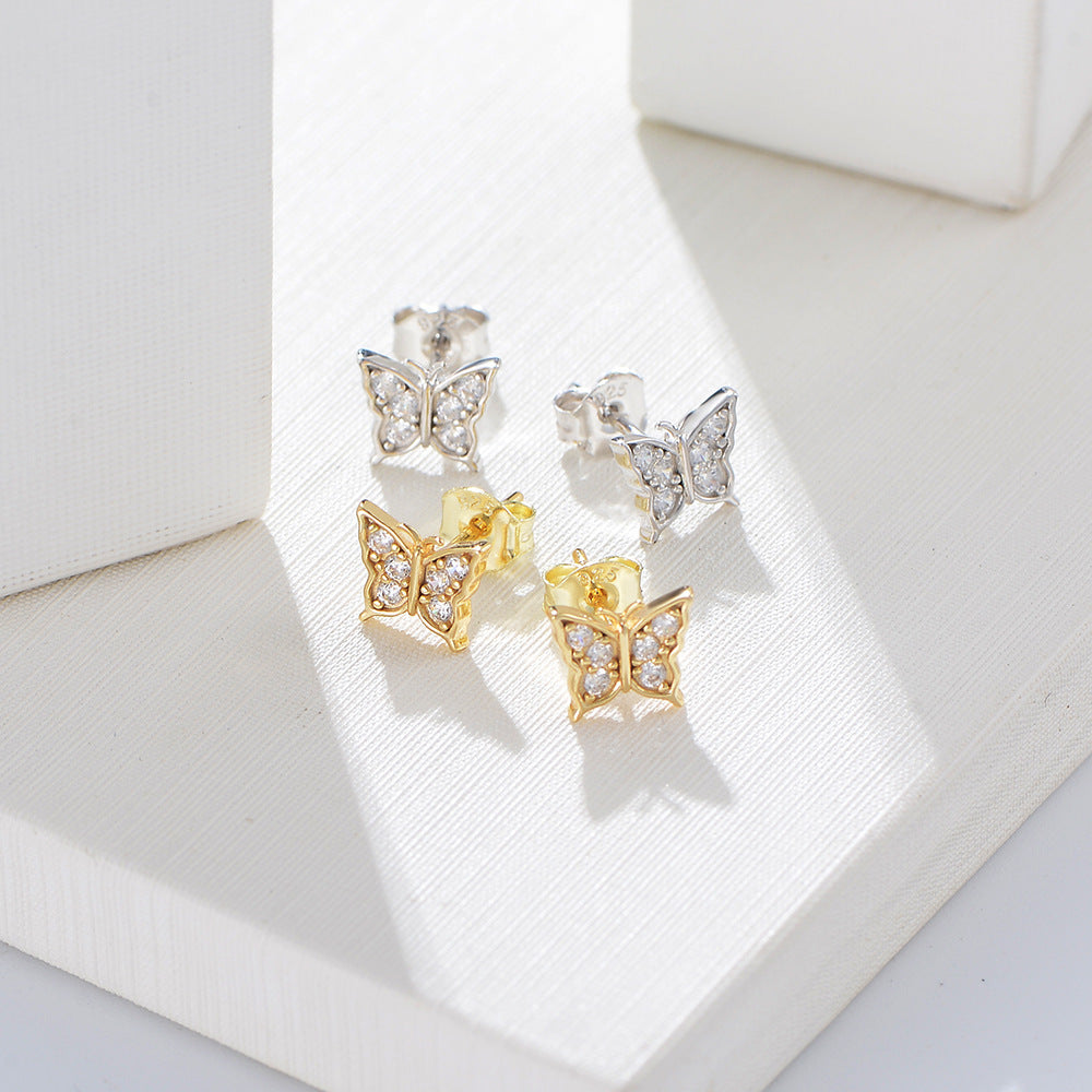 S925 pure silver butterfly zircon small earrings for women