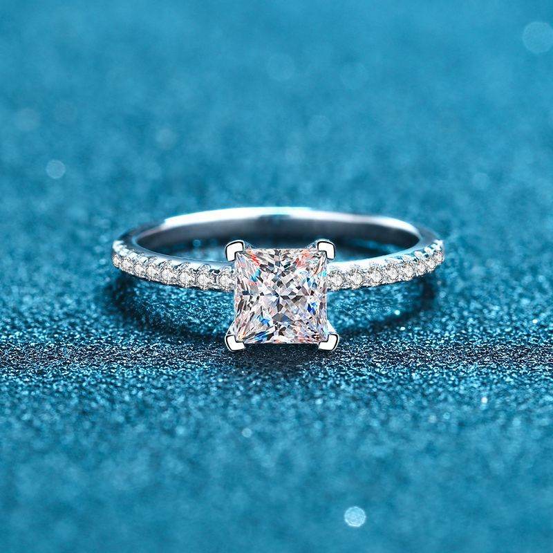 925 sterling silver women's micro set four claw 1 carat princess square moissanite ring - MOWTE