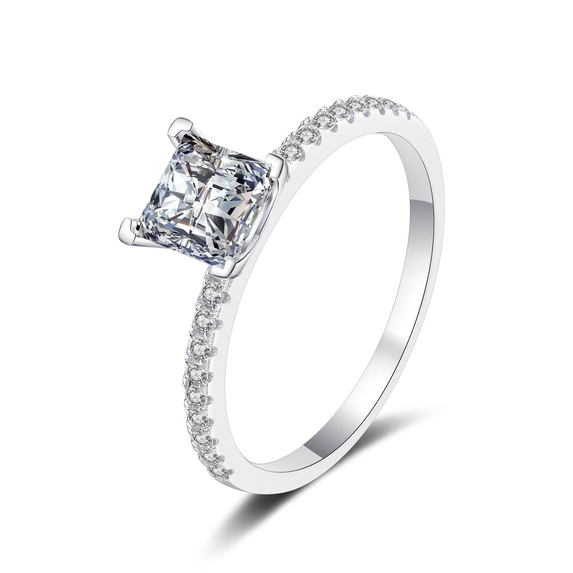 925 sterling silver women's micro set four claw 1 carat princess square moissanite ring - MOWTE