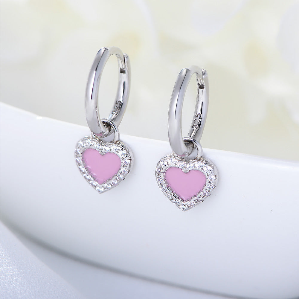 Zircon earrings 925 sterling silver pink oil drop heart-shaped earrings