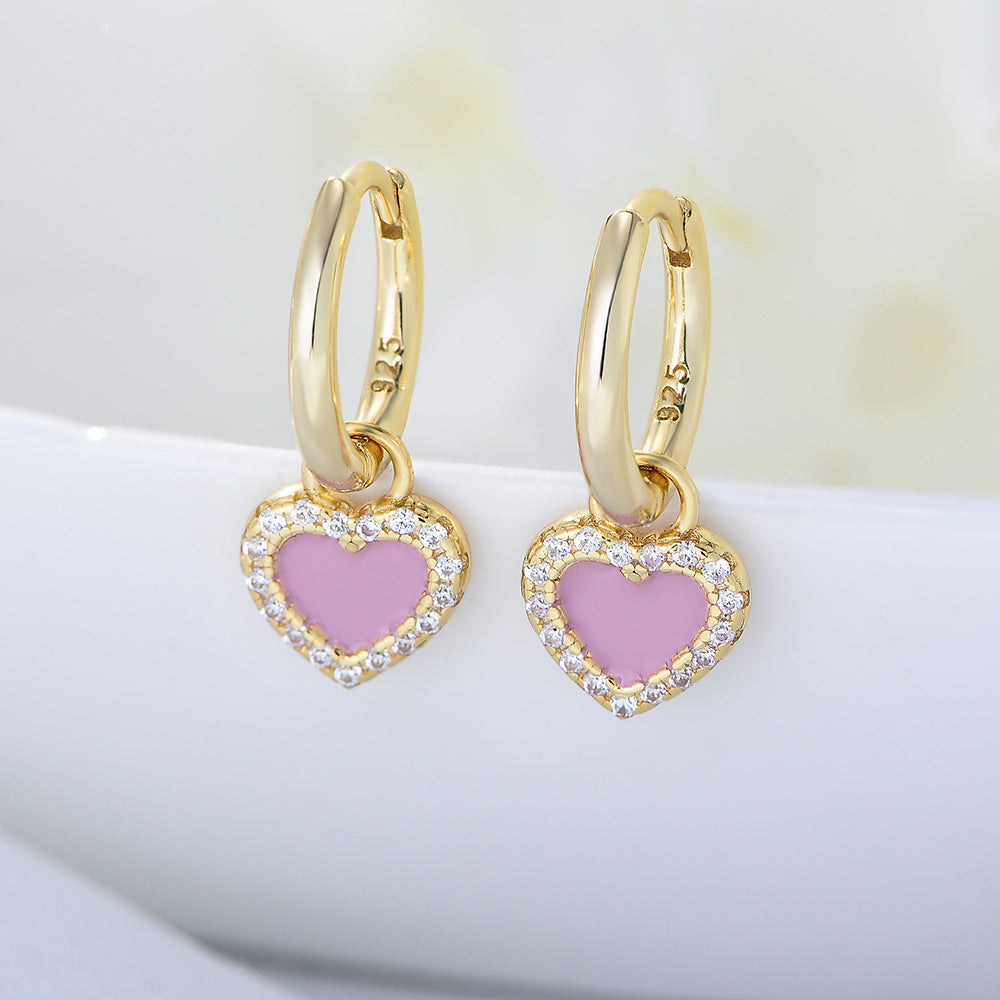 Zircon earrings 925 sterling silver pink oil drop heart-shaped earrings