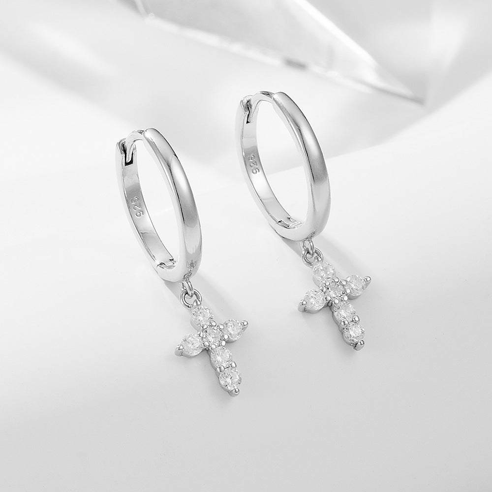 S925 pure silver geometric cross diamond studded earrings with ear buckles for women