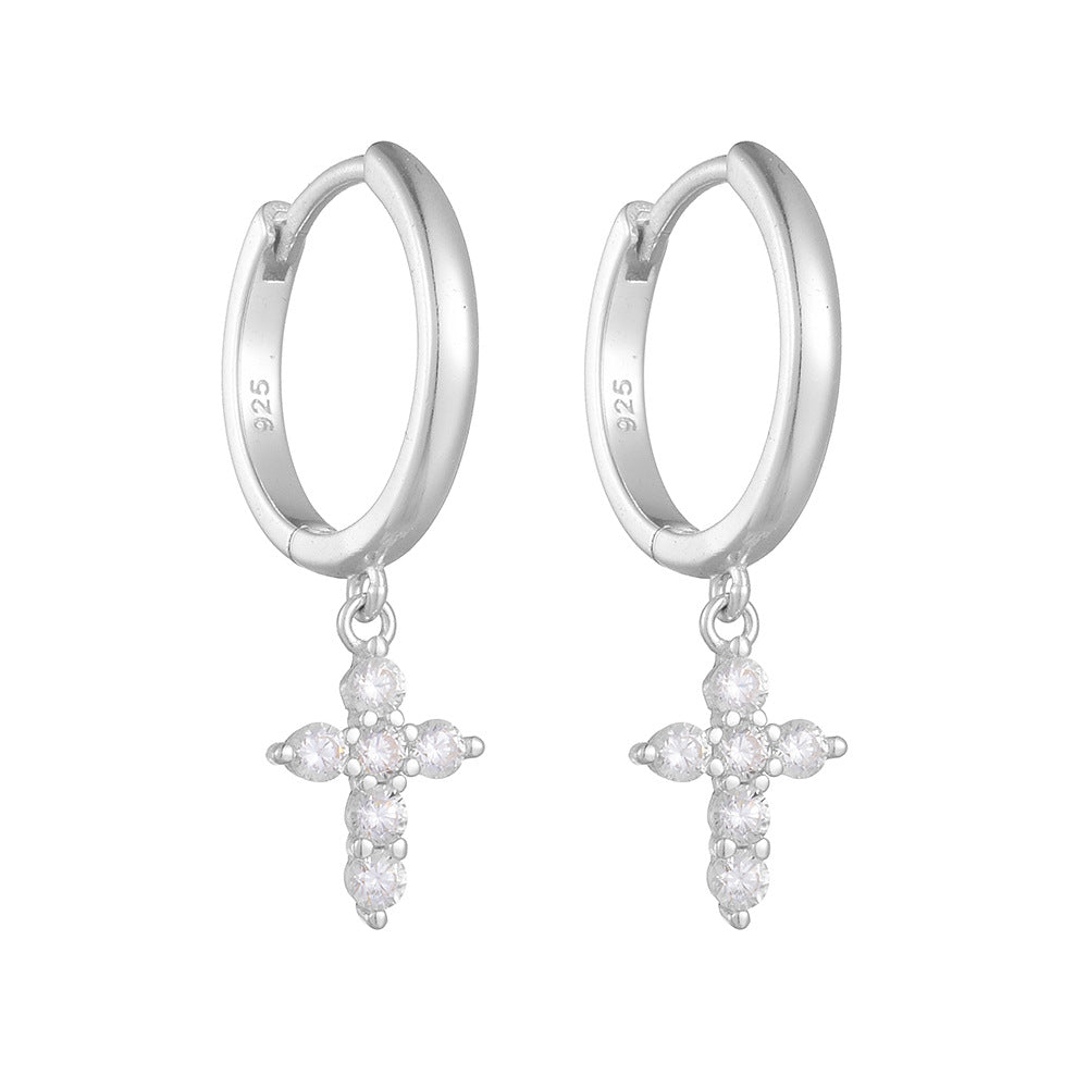 S925 pure silver geometric cross diamond studded earrings with ear buckles for women