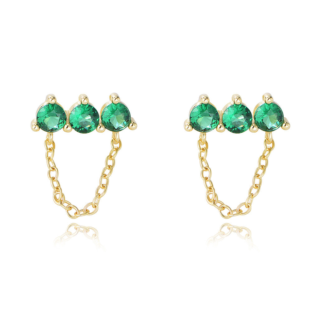 S925 pure silver grandmother green zircon chain tassel earrings