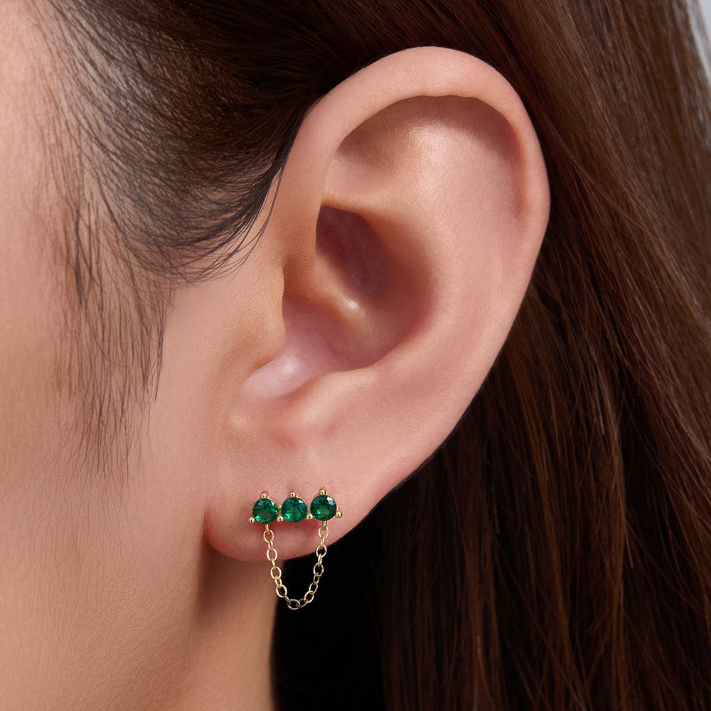 S925 pure silver grandmother green zircon chain tassel earrings