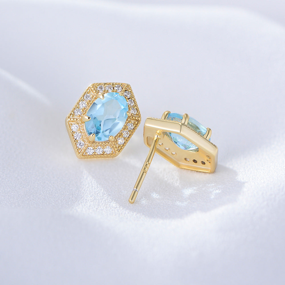 Simple geometric blue natural topaz earrings for women