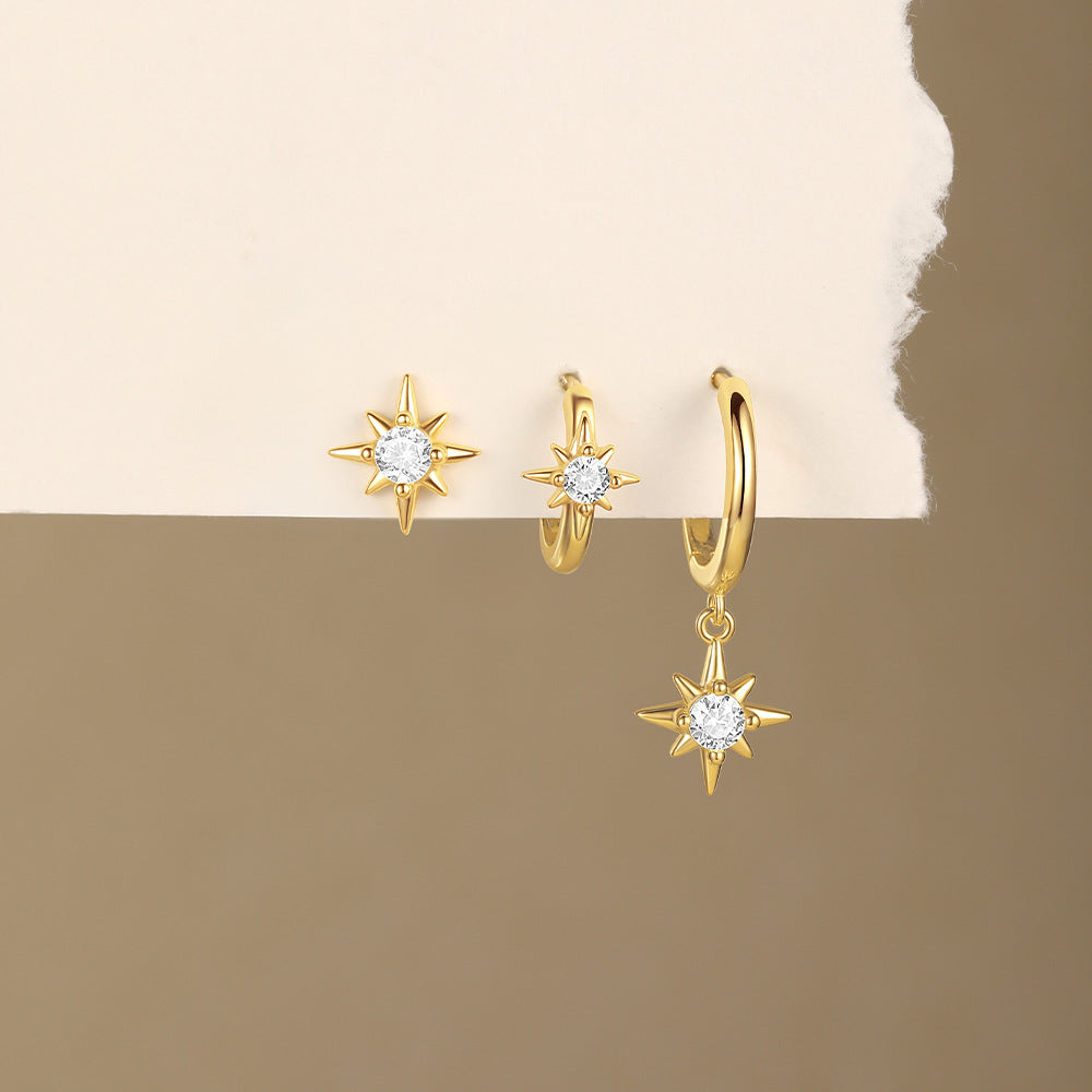 S925 sterling silver diamond studded earrings set with enamel temperament and octagonal star earrings