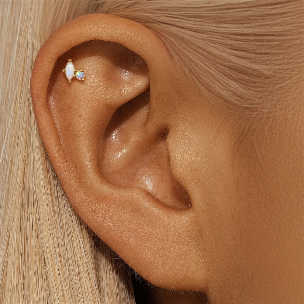 S925 pure silver daily wear, Opal diamond inlaid cartilage spiral puncture earrings 16G ear bone nails