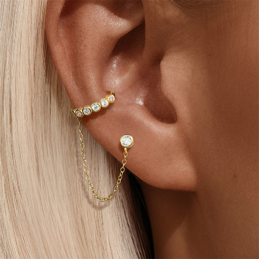 S925 pure silver heart-shaped moonstone inlaid with diamonds, flat head internal thread puncture cartilage earrings