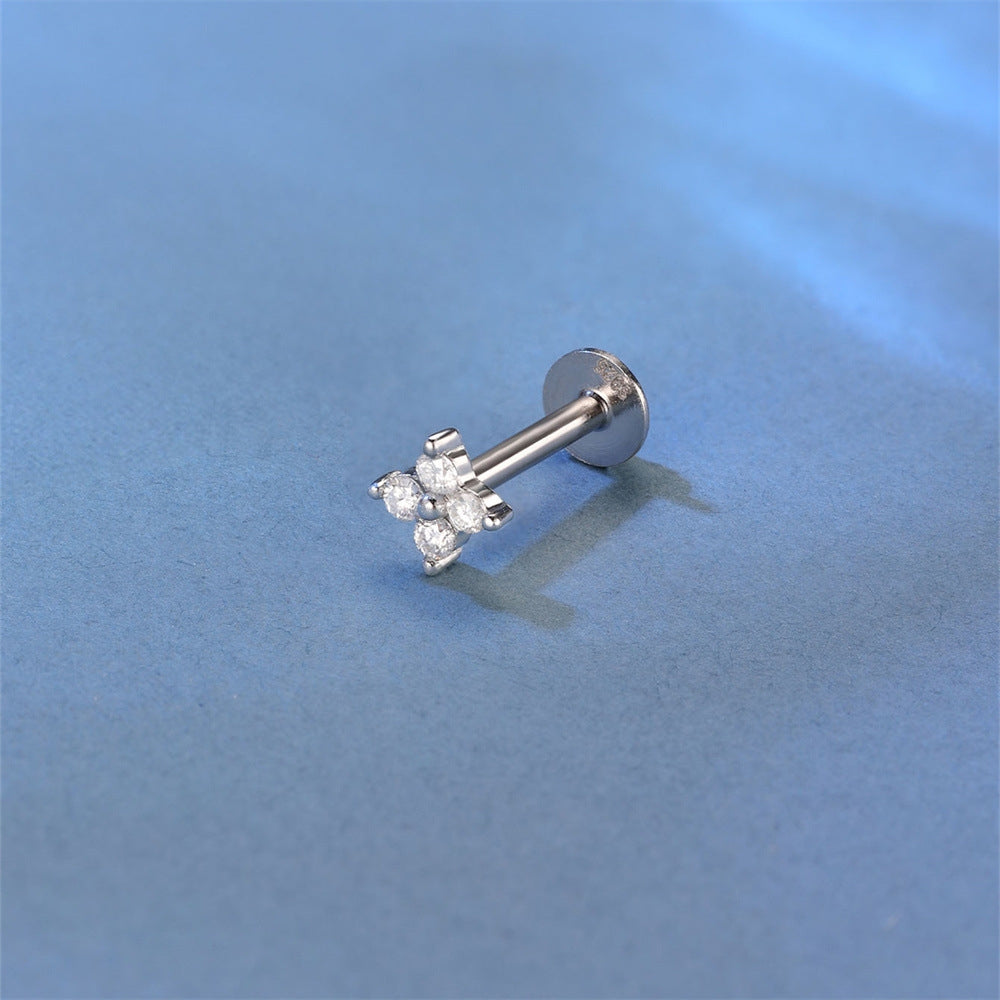 Minimally designed petal Mozambique diamond s925 pure silver threaded puncture cartilage ear nail 16G ear bone nail