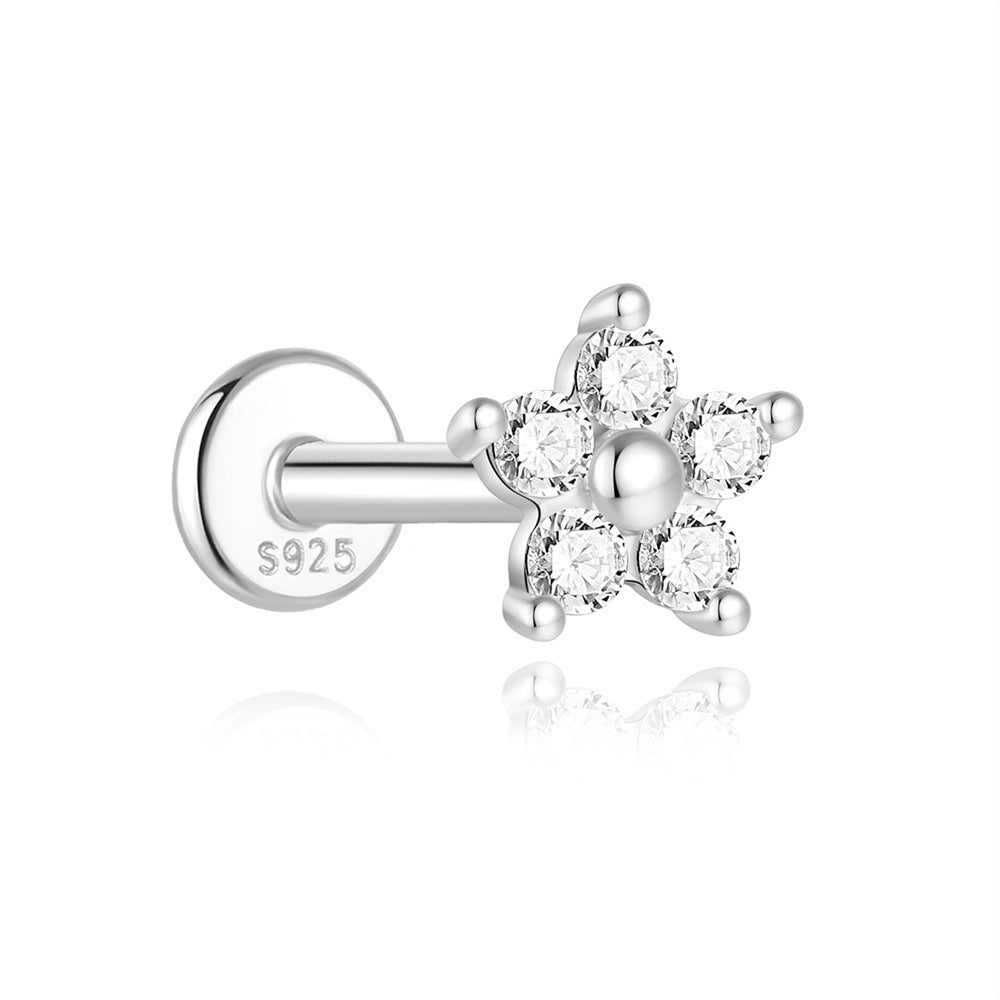 Minimally designed petal Mozambique diamond s925 pure silver threaded puncture cartilage ear nail 16G ear bone nail