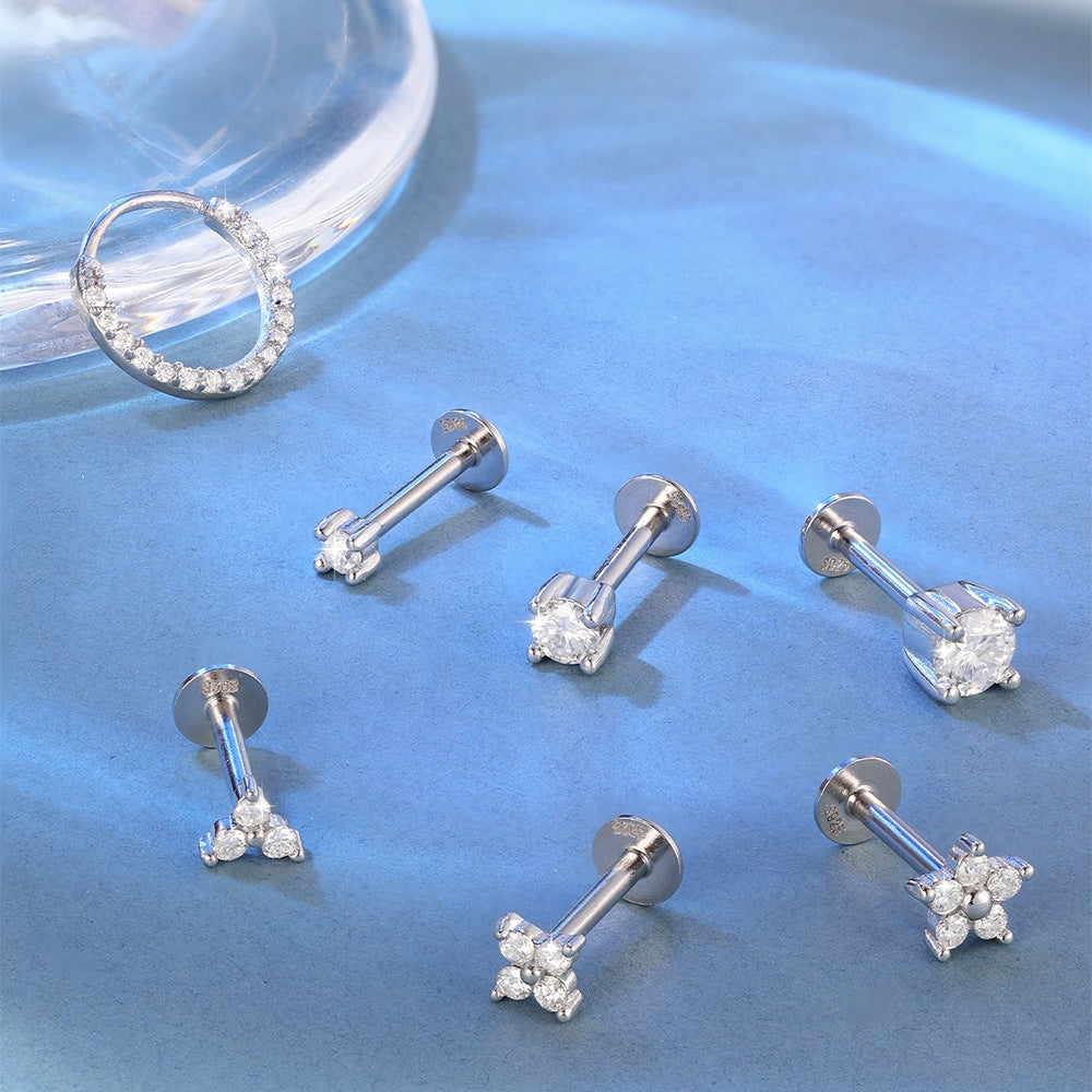 Minimally designed petal Mozambique diamond s925 pure silver threaded puncture cartilage ear nail 16G ear bone nail