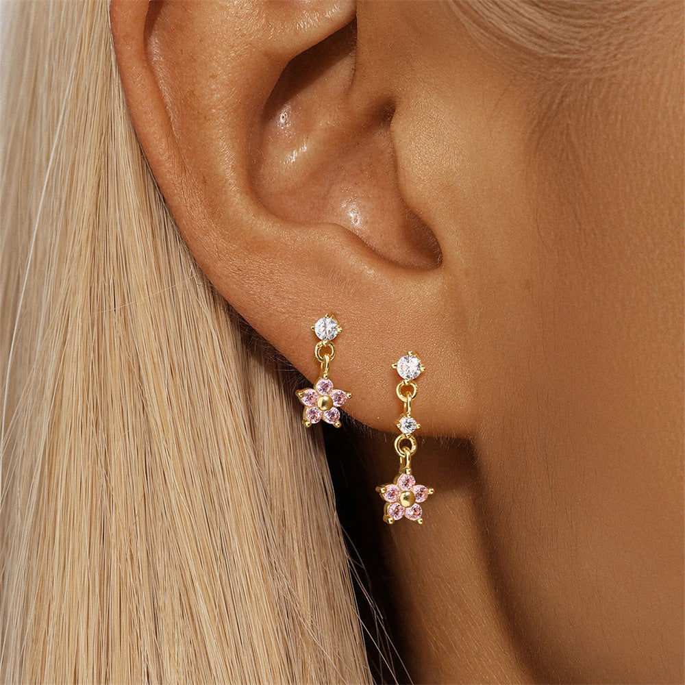 S925 silver design powder zirconium five petal flower fashionable and popular earrings