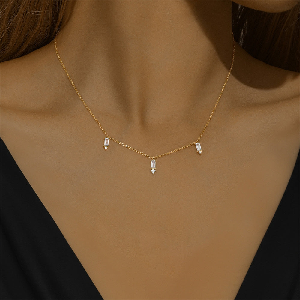 S925 sterling silver layered square diamond studded collarbone necklace