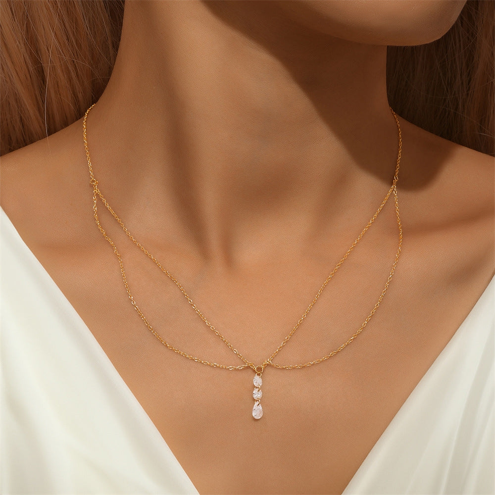 S925 pure silver daily pendant with heart double layered diamond inlaid necklace collarbone chain holiday gift