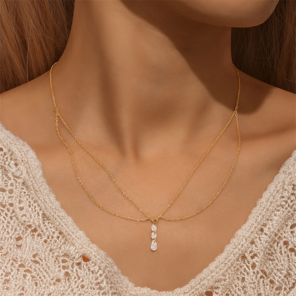 S925 pure silver daily pendant with heart double layered diamond inlaid necklace collarbone chain holiday gift