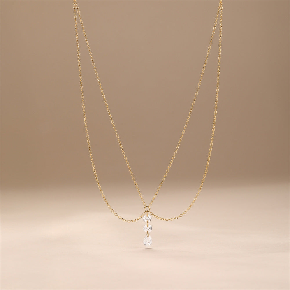 S925 pure silver daily pendant with heart double layered diamond inlaid necklace collarbone chain holiday gift