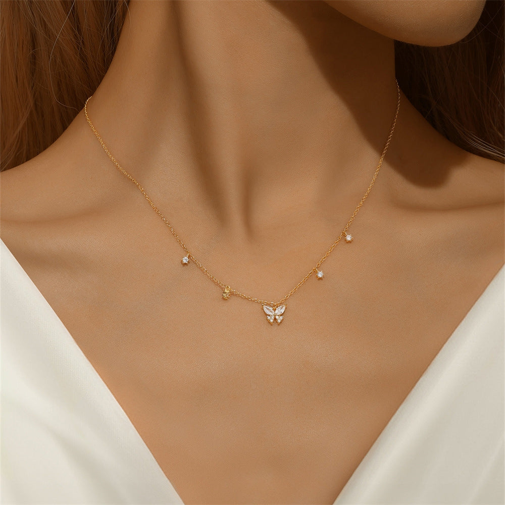 S925 pure silver butterfly set diamond layered women's collarbone necklace