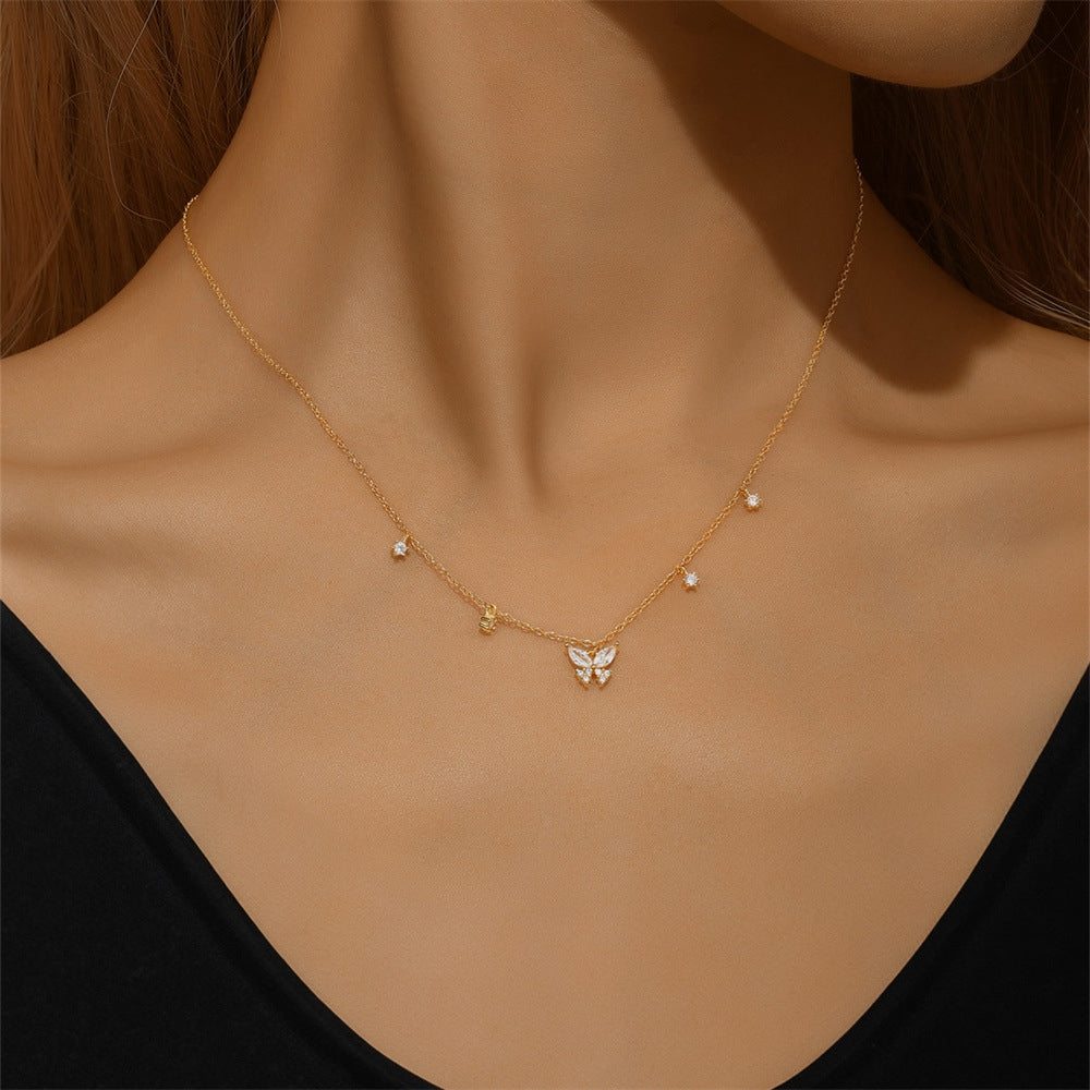 S925 pure silver butterfly set diamond layered women's collarbone necklace