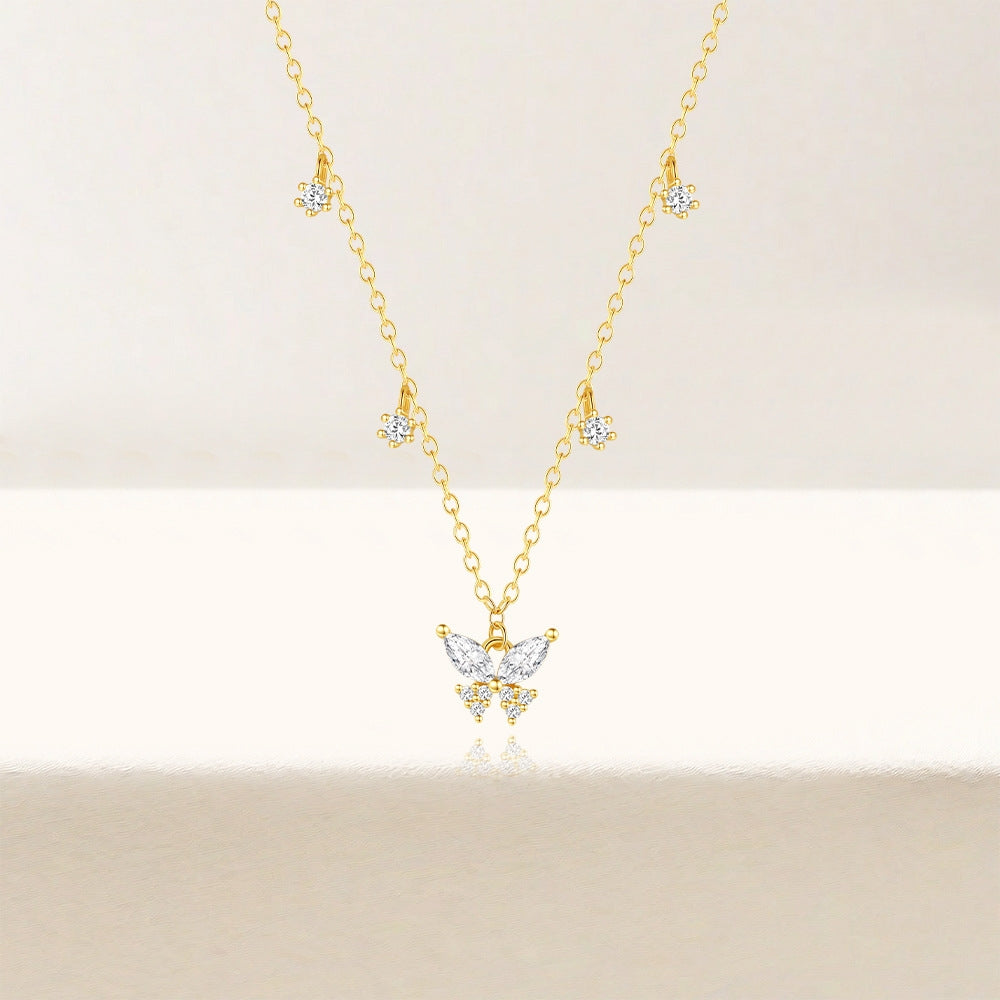 S925 pure silver butterfly set diamond layered women's collarbone necklace