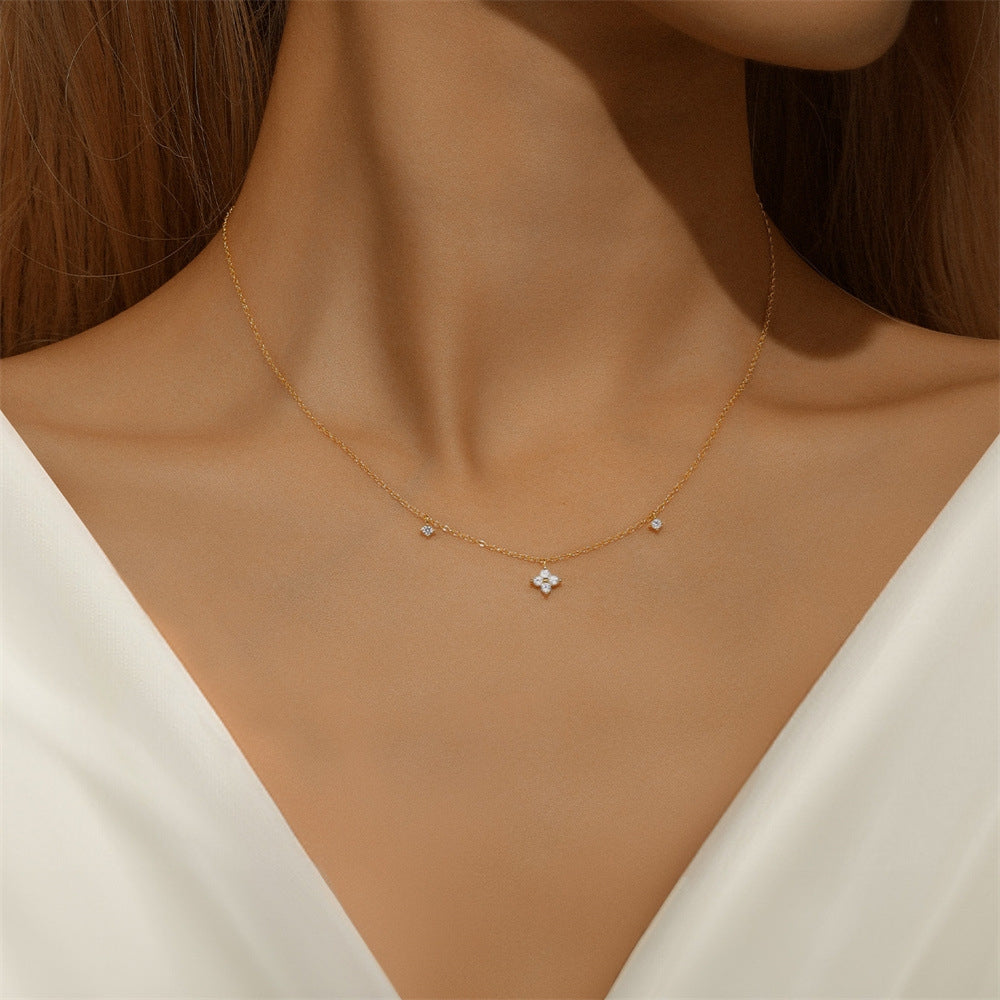 S925 silver inlaid diamond petals four leaf flower layered necklace, exquisite sparkling diamond collarbone chain for women