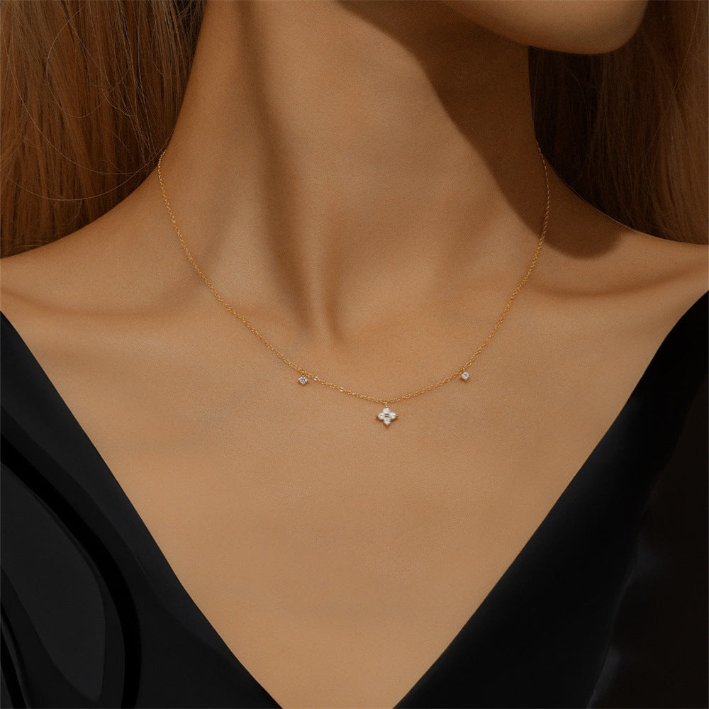 S925 silver inlaid diamond petals four leaf flower layered necklace, exquisite sparkling diamond collarbone chain for women