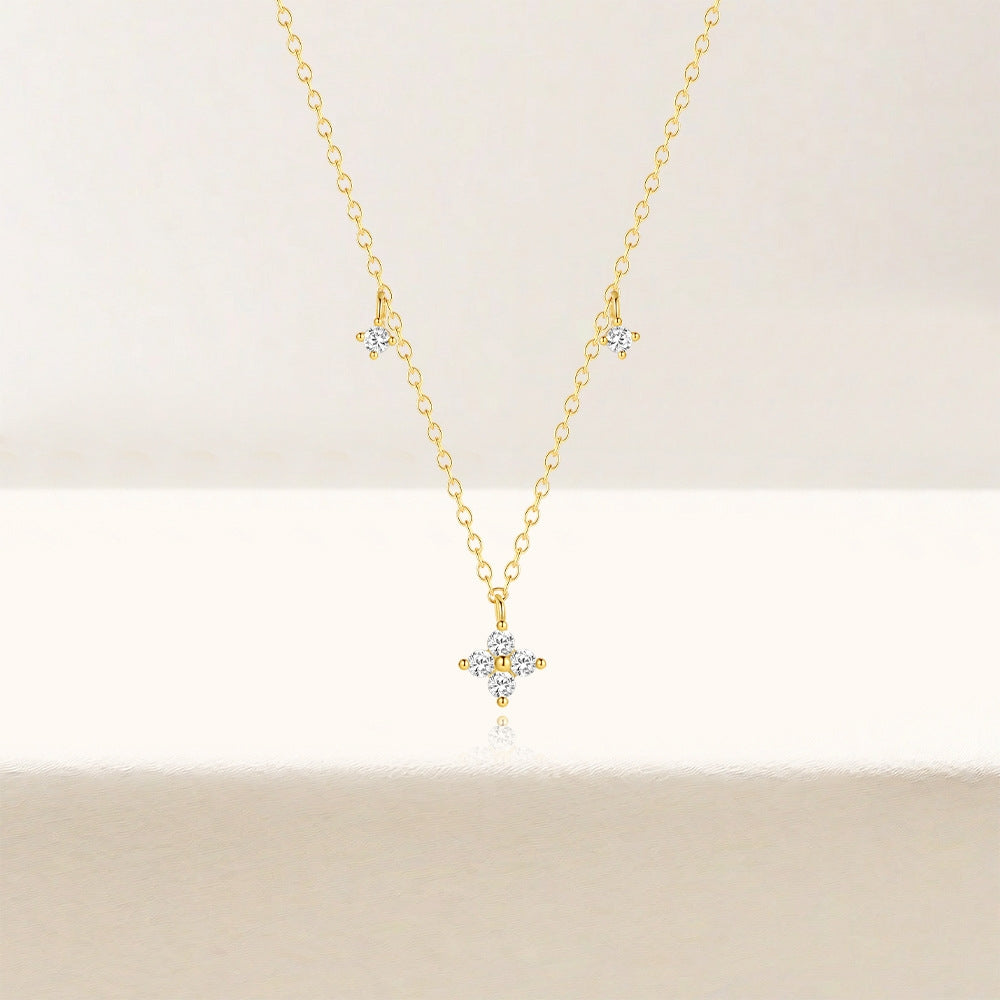 S925 silver inlaid diamond petals four leaf flower layered necklace, exquisite sparkling diamond collarbone chain for women