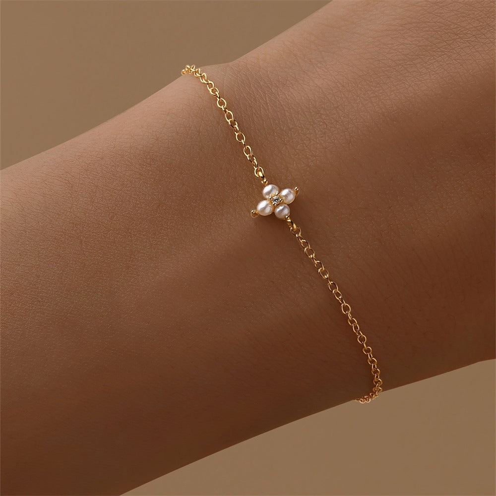 S925 pure silver small flower clover exquisite super fairy bubble diamond pearl bracelet