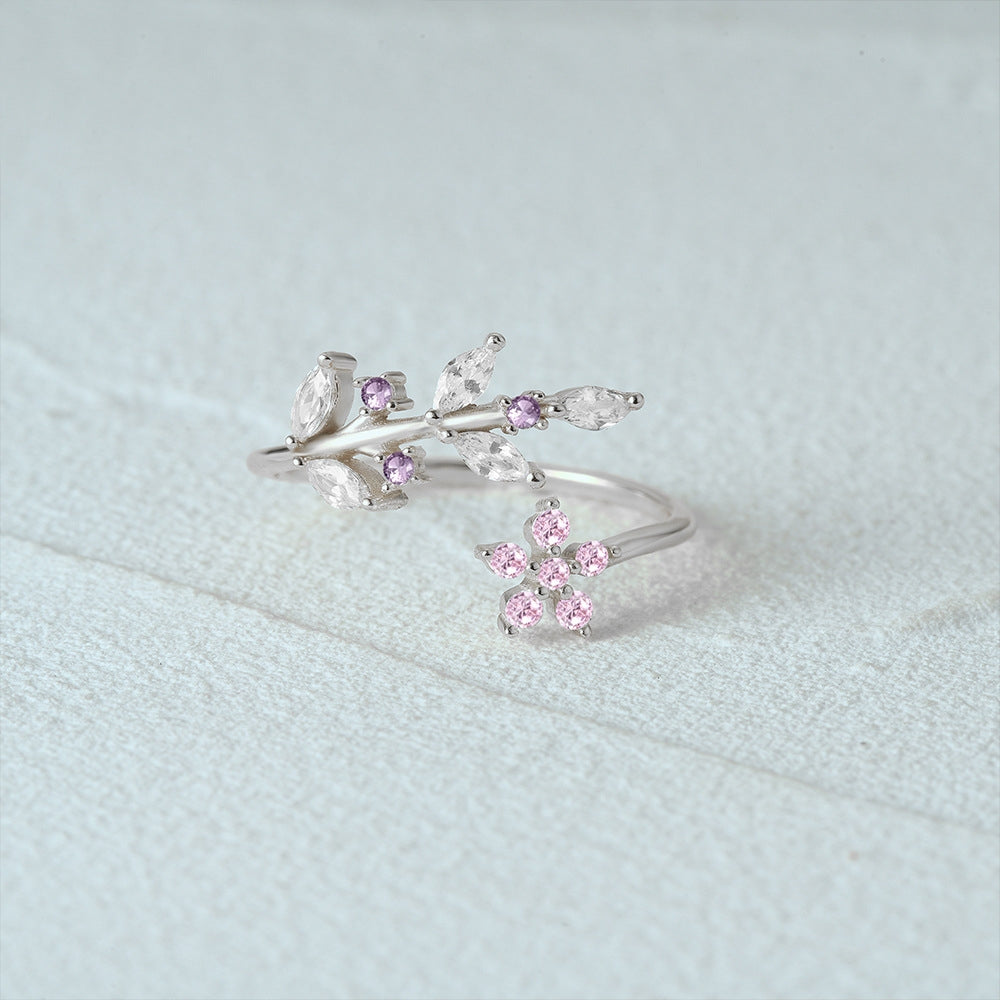 925 sterling silver leaf pink flower opening ring