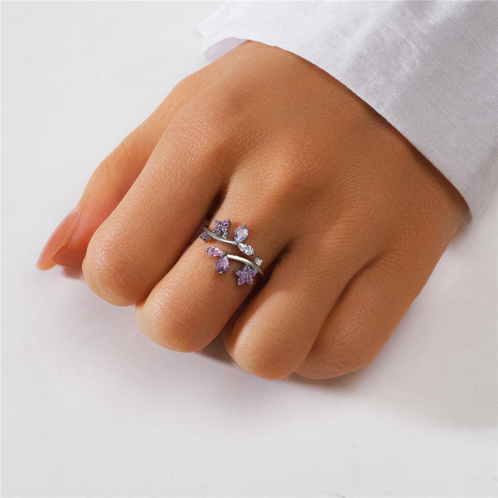 S925 sterling silver diamond ring with heart-shaped petal opening stackable ring for women