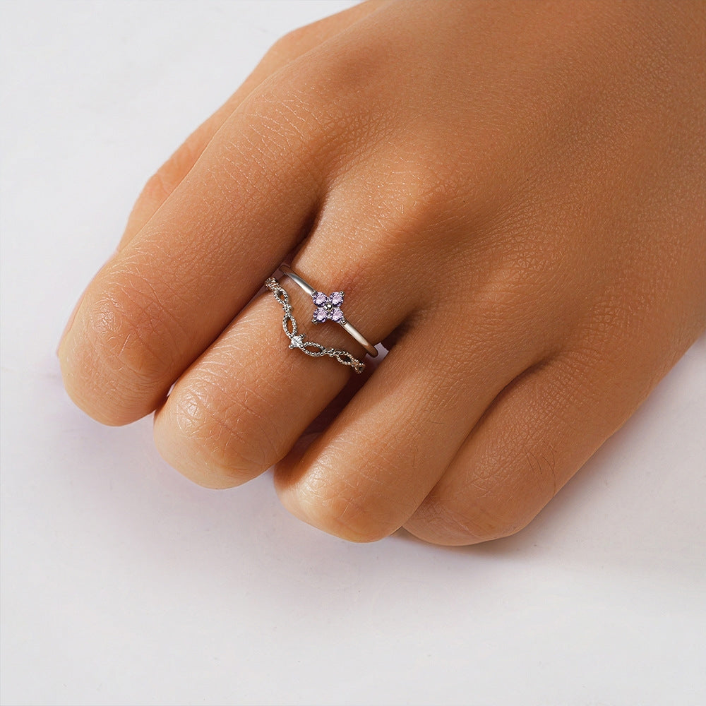 S925 sterling silver diamond ring with heart-shaped petal opening stackable ring for women