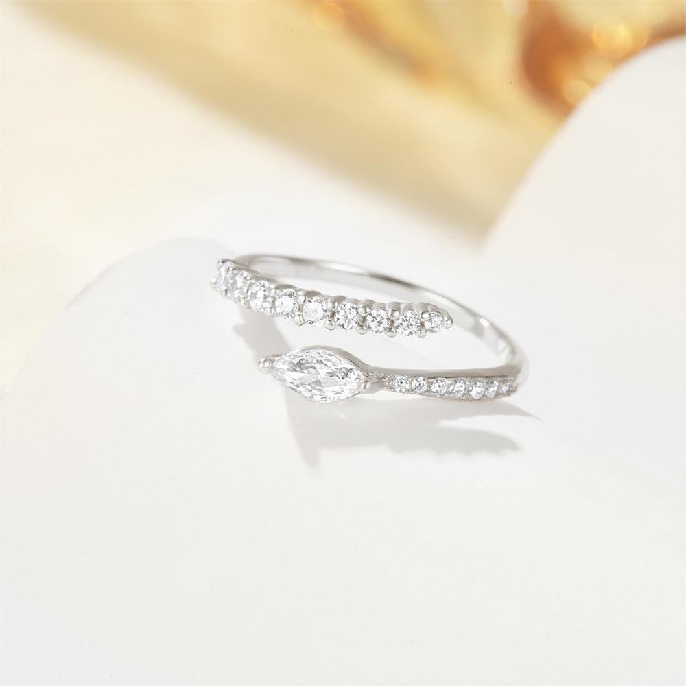 S925 pure silver curved petal single row diamond inlaid luxurious stacked open ring