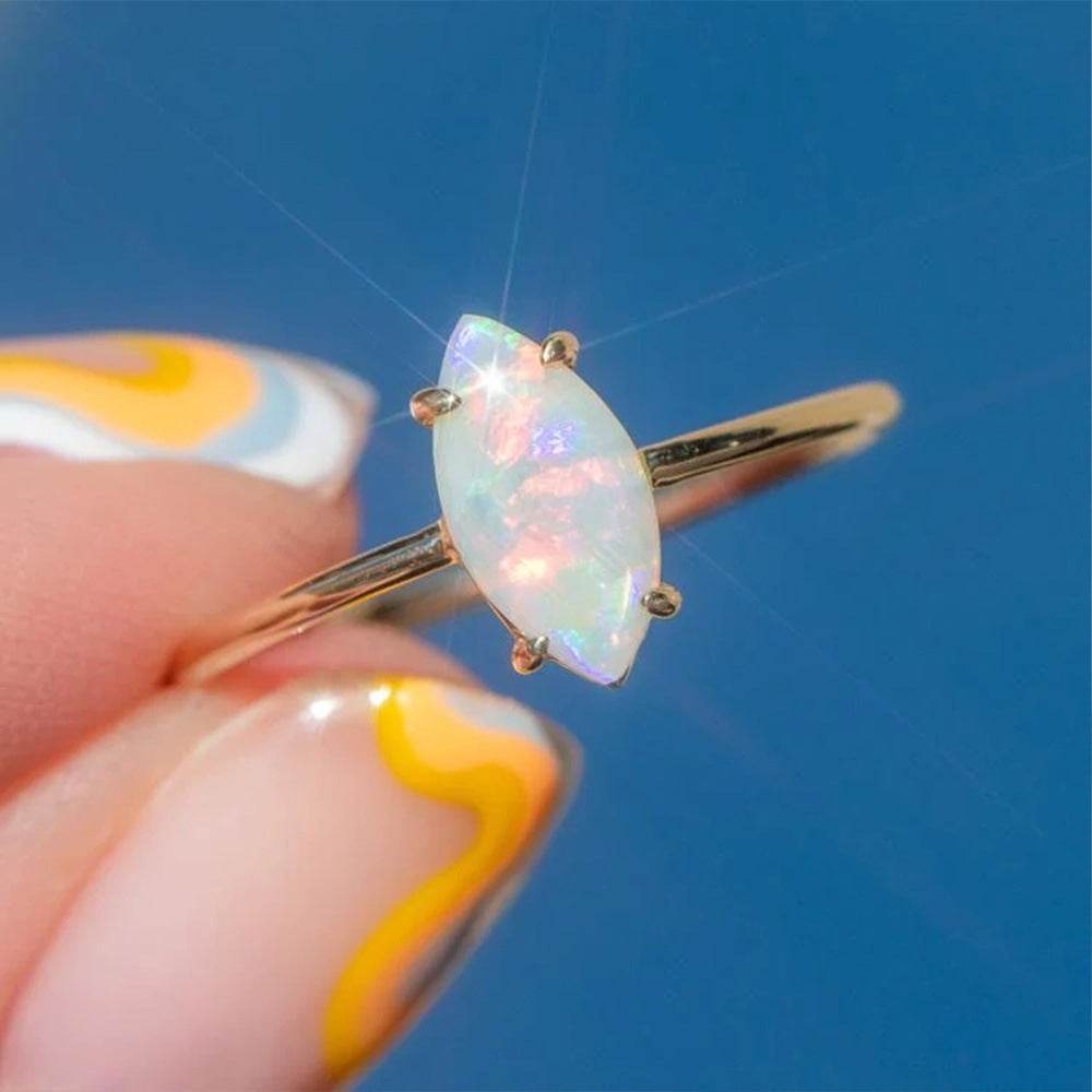 S925 Pure Silver Four Claw Set Opal Stone Ring - MOWTE