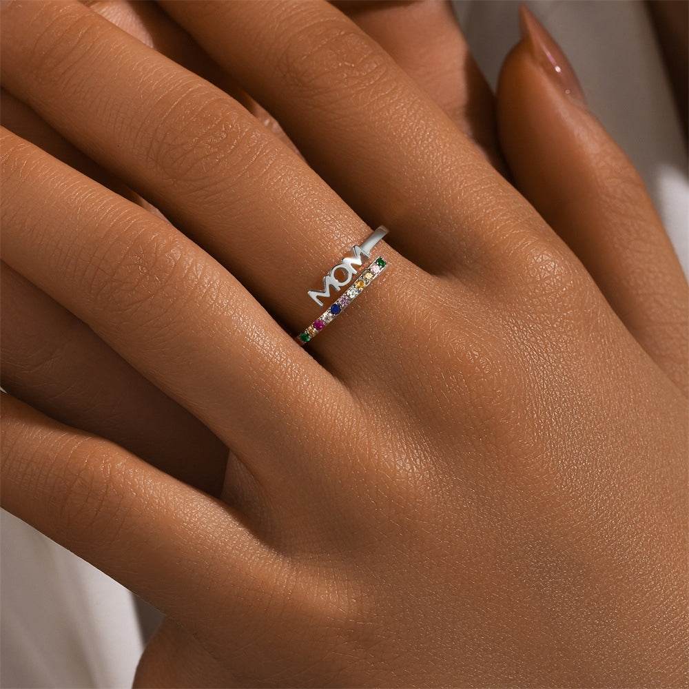 925 sterling silver color diamond letter ring Mother's Day gift diamond inlaid open ring - MOWTE
