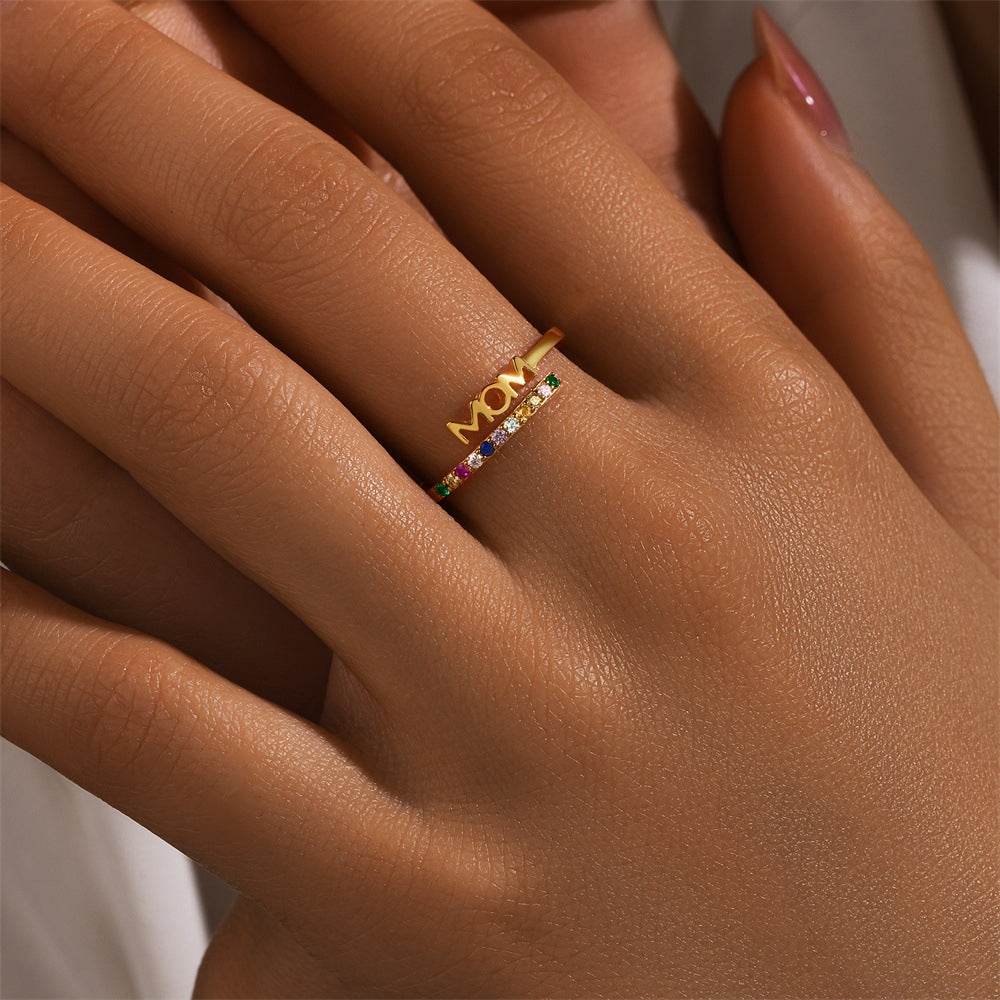 925 sterling silver color diamond letter ring Mother's Day gift diamond inlaid open ring - MOWTE