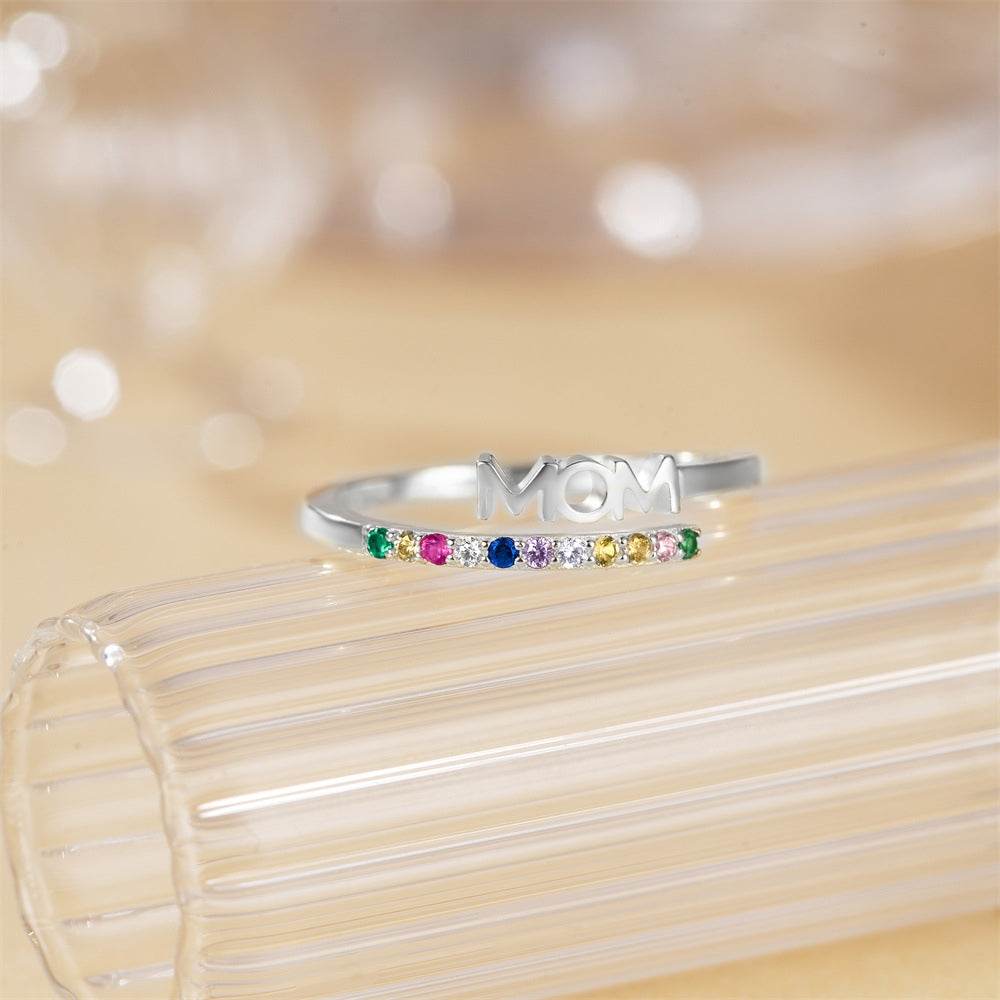 925 sterling silver color diamond letter ring Mother's Day gift diamond inlaid open ring - MOWTE