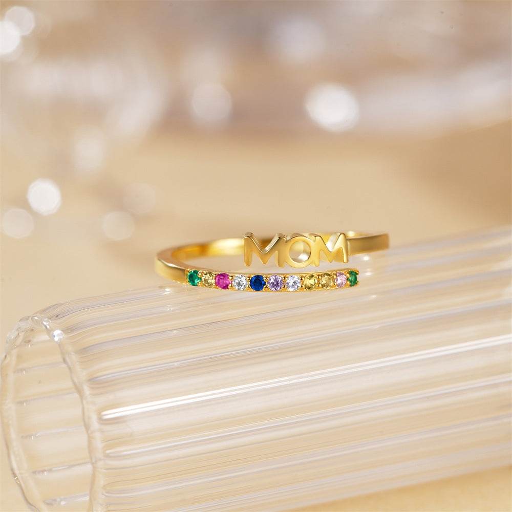 925 sterling silver color diamond letter ring Mother's Day gift diamond inlaid open ring - MOWTE