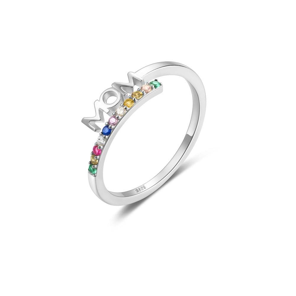 925 sterling silver color diamond letter ring Mother's Day gift diamond inlaid open ring - MOWTE