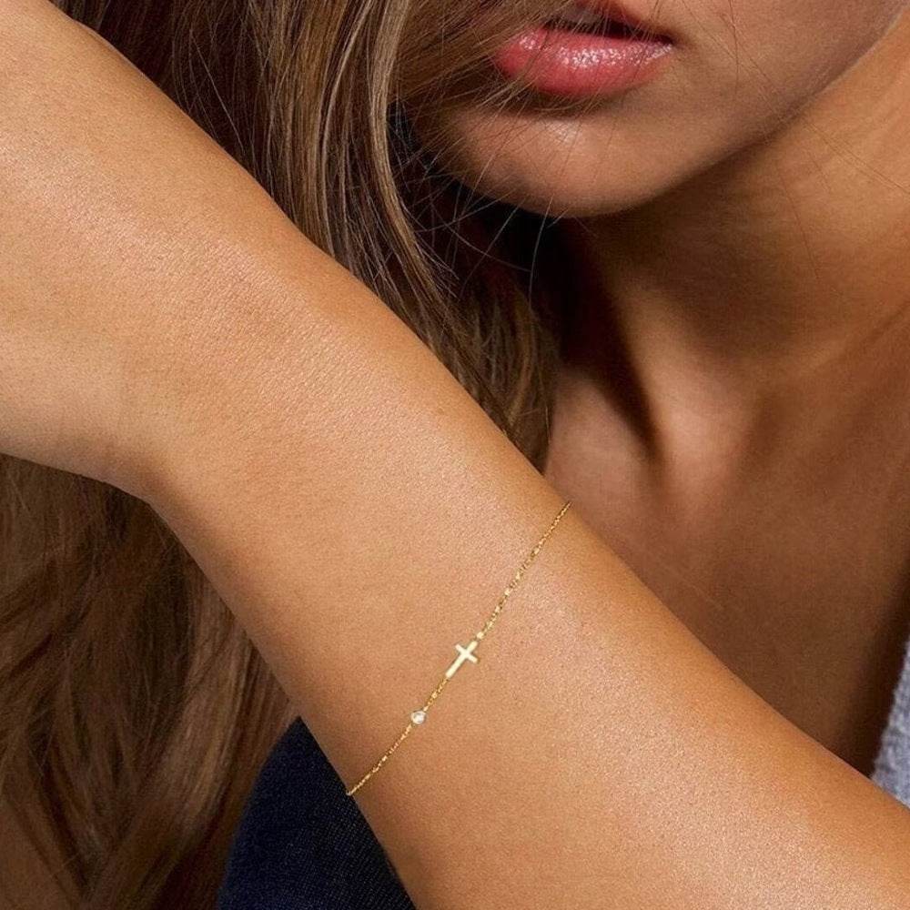 925 sterling silver cross single diamond inlaid women's bracelet - MOWTE