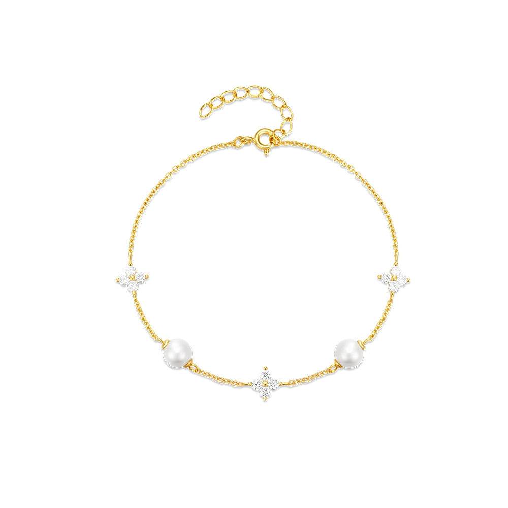S925 sterling silver leaf grass pearl ins fashion bracelet - MOWTE