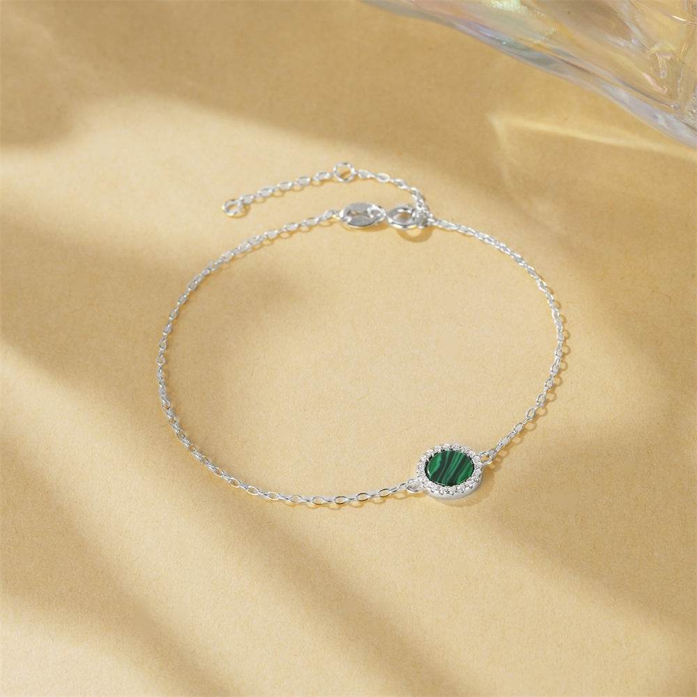 S925 sterling silver classic round peacock stone diamond set versatile bracelet - MOWTE
