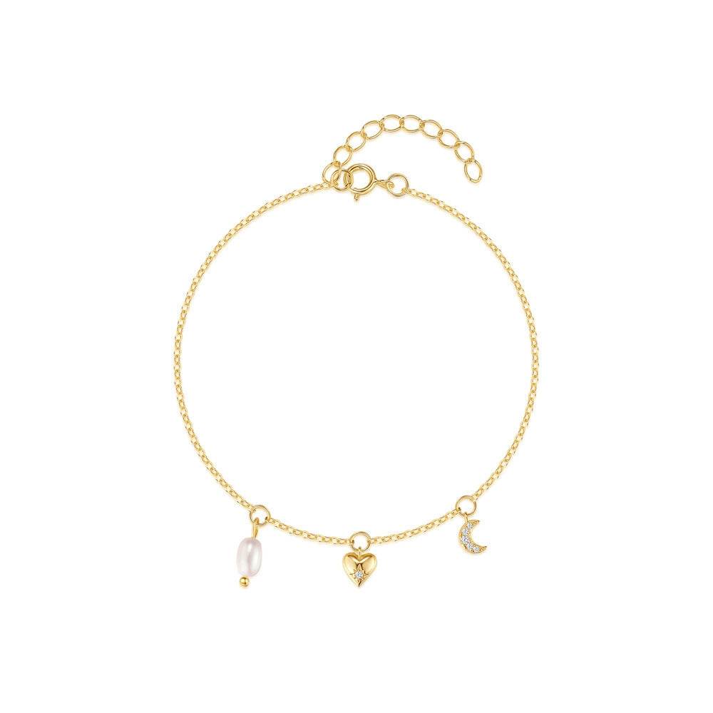 Light luxury s925 pure silver exquisite heart-shaped star moon pearl element layered bracelet - MOWTE