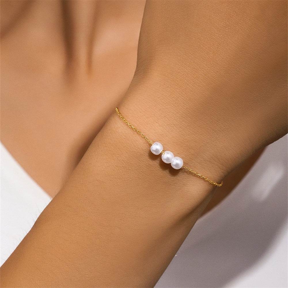 S925 sterling silver 3 pearl sliding gold fine chain bracelet exquisite - MOWTE
