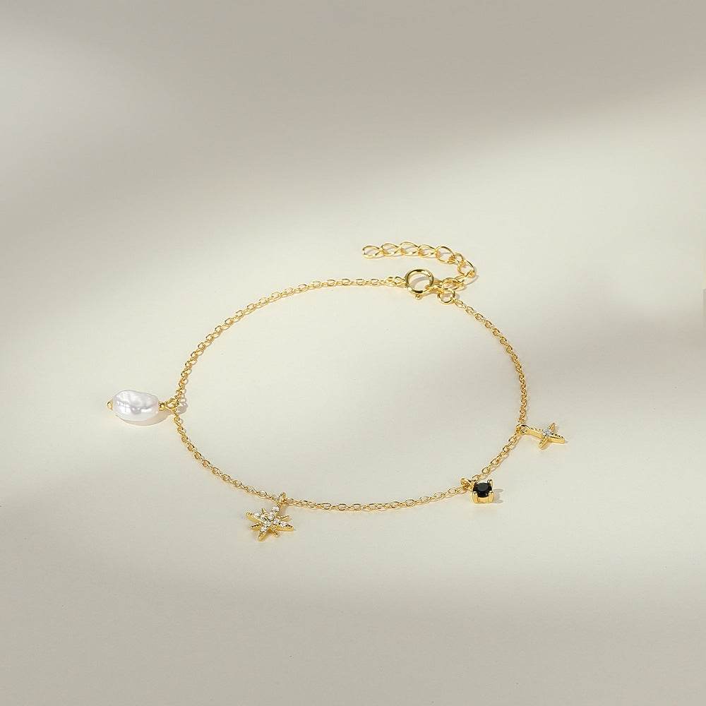 Stacked s925 sterling silver octagonal star studded diamond shaped pearl women's bracelet - MOWTE