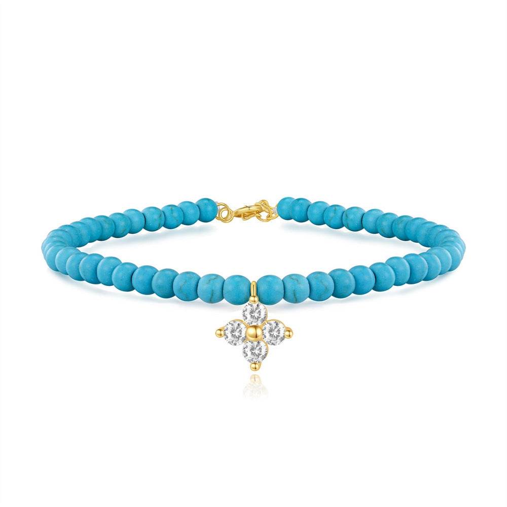 S925 pure silver turquoise zircon handmade bead bracelet versatile for daily use vintage bracelet - MOWTE