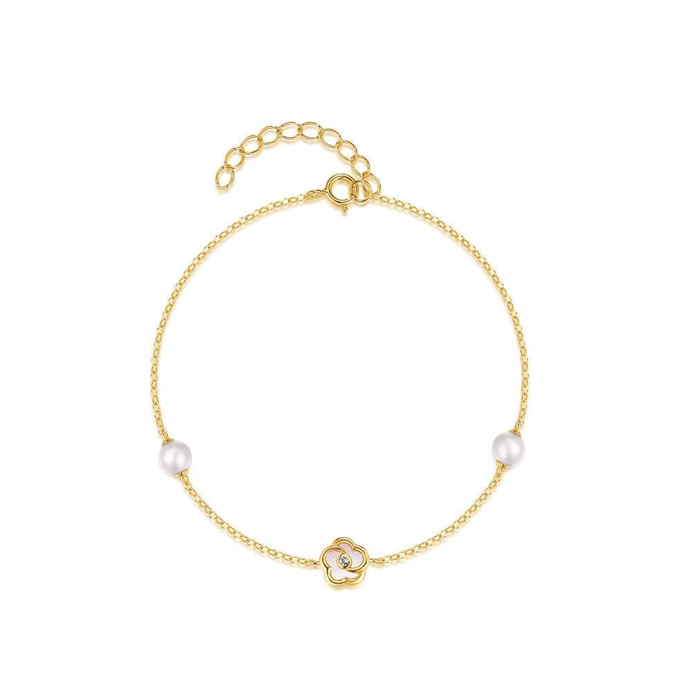 S925 pure silver five petal flower white pearl bracelet - MOWTE
