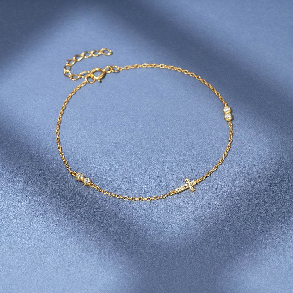 S925 sterling silver cross double button zircon inlaid daily wear women's bracelet - MOWTE