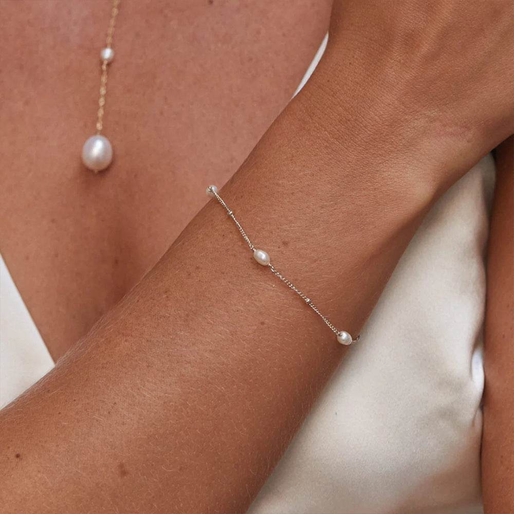 S925 pure silver interval pearl diamond women's bracelet - MOWTE